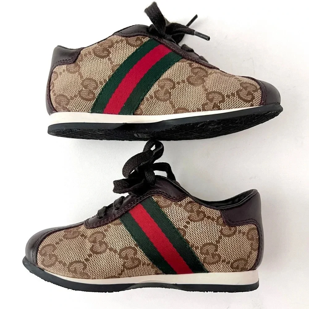 GUCCI || Baby Supreme GG Logo Web Stripe Lace Up Canvas Leather Sneakers Size 24 - Picture 5 of 13